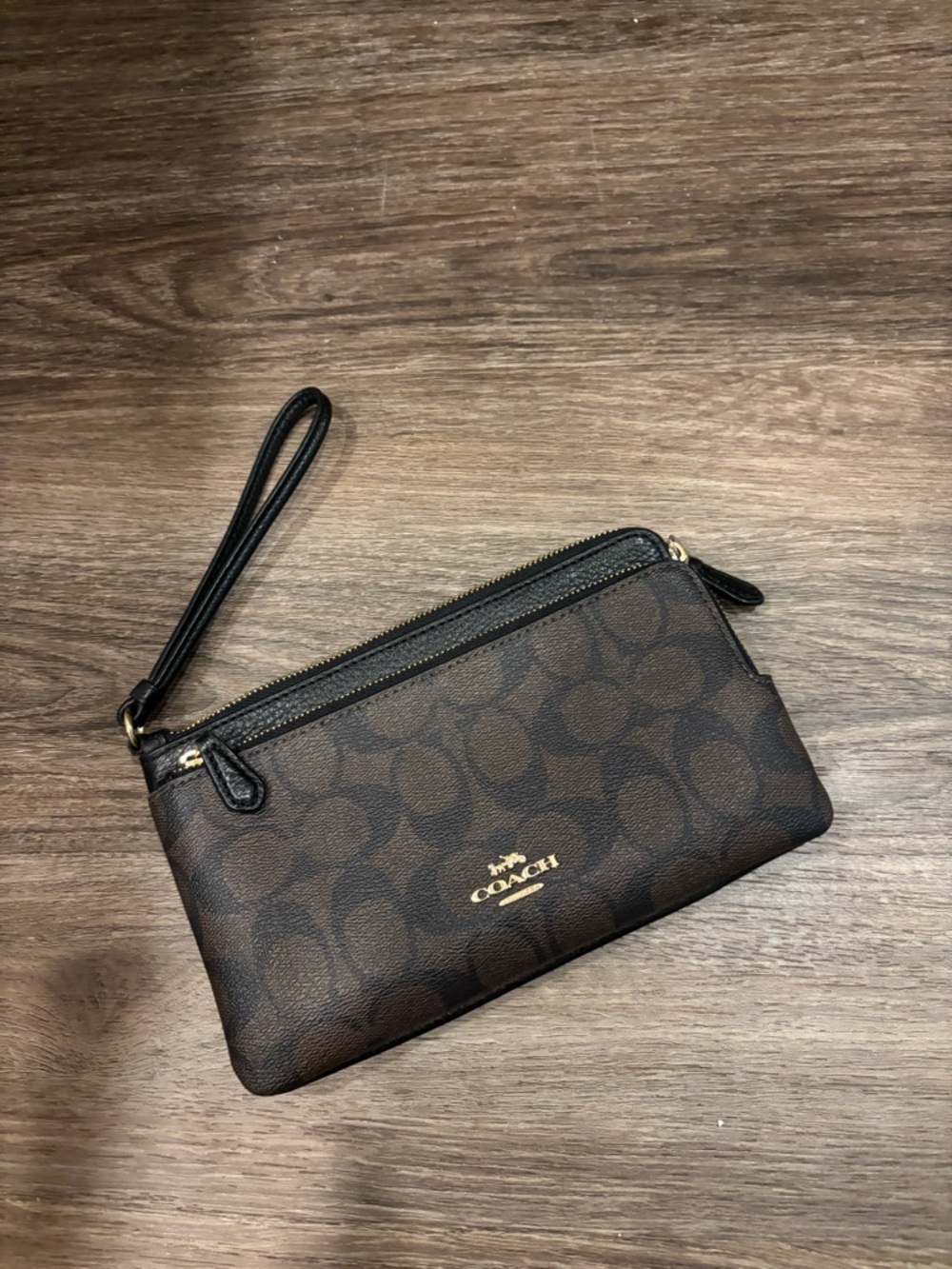 Coach Brown and Black Signature Zip Wristlet with Gold Logo